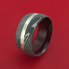 Wide Damascus Steel Ring with 14K White Gold Inlay and Interior Hardwood Sleeve Custom Made Band