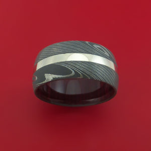 Wide Damascus Steel Ring with 14K White Gold Inlay and Interior Hardwood Sleeve Custom Made Band