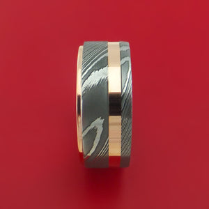 Damascus Steel 14K Rose Gold Ring Wedding Band with Gold Inlay