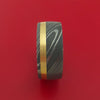 Damascus Steel Ring with 14k Yellow Gold Inlay and Interior Hardwood Sleeve Custom Made Band