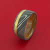 Damascus Steel Ring with 14k Yellow Gold Inlay and Interior Hardwood Sleeve Custom Made Band