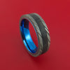 Damascus Steel Ring with Black Carbon Fiber Inlay and Interior Anodized Titanium Sleeve Custom Made Band