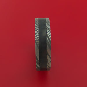 Damascus Steel Ring with Black Carbon Fiber Inlay and Interior Anodized Titanium Sleeve Custom Made Band