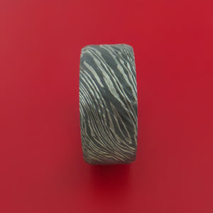 Wide Damascus Steel Ring with Interior Hardwood Sleeve Custom Made Band