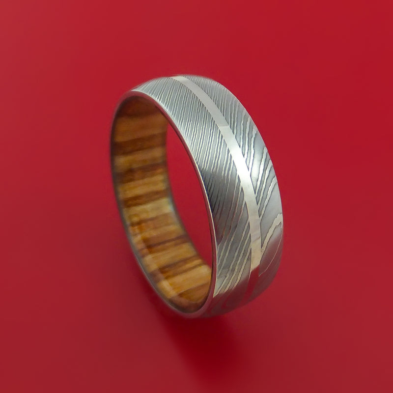 Damascus Steel Ring with Palladium Inlay and Interior Hardwood Sleeve Custom Made Band