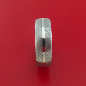 Damascus Steel Ring with Palladium Inlay and Interior Hardwood Sleeve Custom Made Band