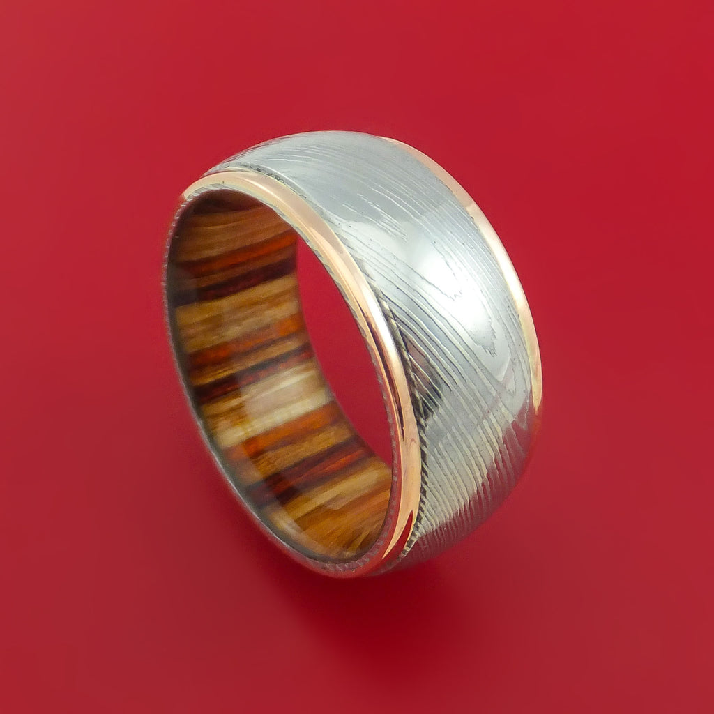 Wide Damascus Steel Ring with 14k Rose Gold Edges and Interior Hardwood Sleeve Custom Made Band