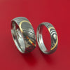 Matching Damascus Steel Heart Carved Ring Set with 14K Yellow Gold Inlays Wedding Bands Genuine Craftsmanship