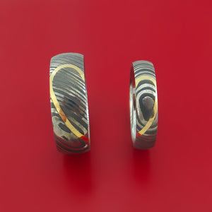 Matching Damascus Steel Heart Carved Ring Set with 14K Yellow Gold Inlays Wedding Bands Genuine Craftsmanship