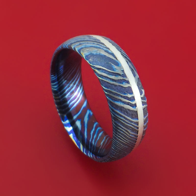 Kuro-Ti Twisted Titanium Etched and Heat-Treated Ring with Silver Inlay Custom Made Band