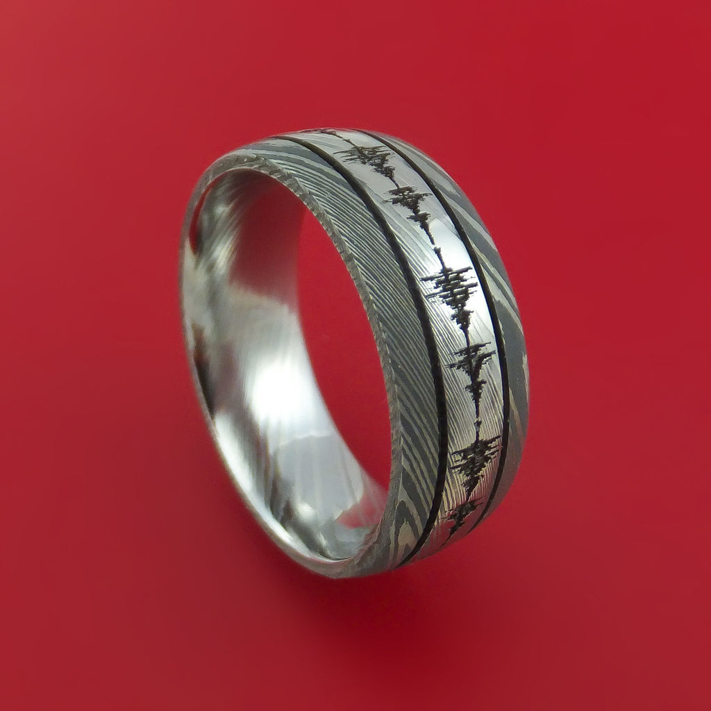 Damascus Steel Ring with Personalized Laser Engraved Sound Wave and Groove Inlays Custom Made Band