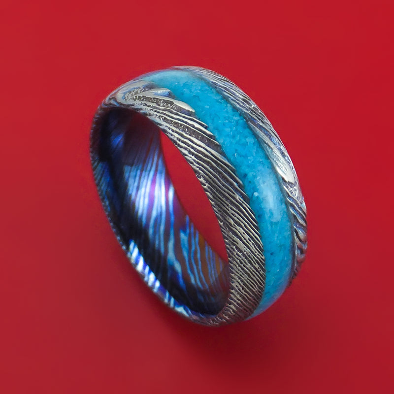 Kuro-Ti Twisted Titanium Etched and Heat-Treated Ring with Stone Inlay Custom Made Band