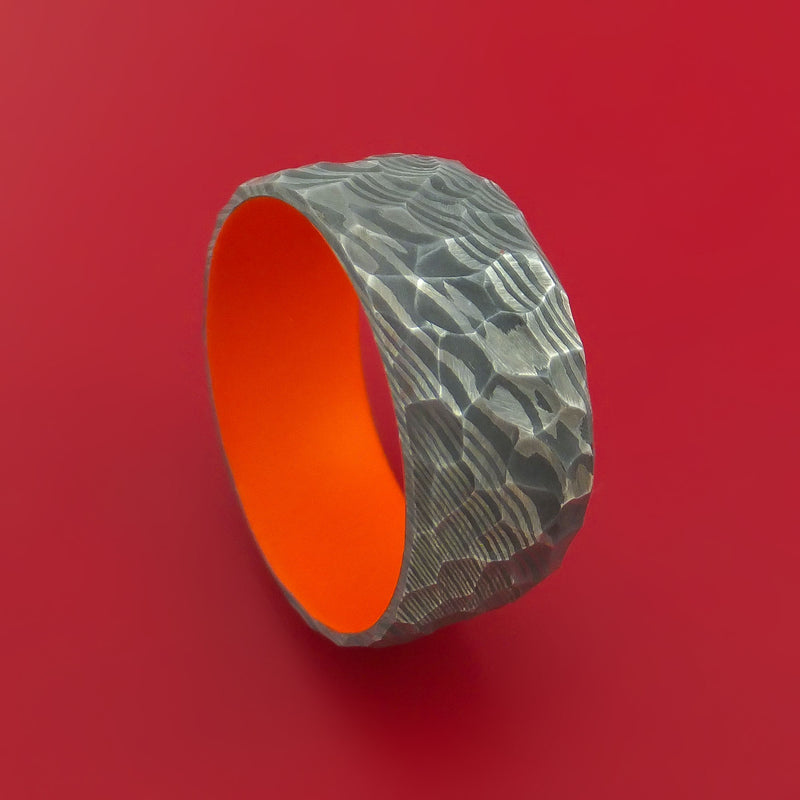 Damascus Steel Ring with Interior Cerakote Sleeve Custom Made Band