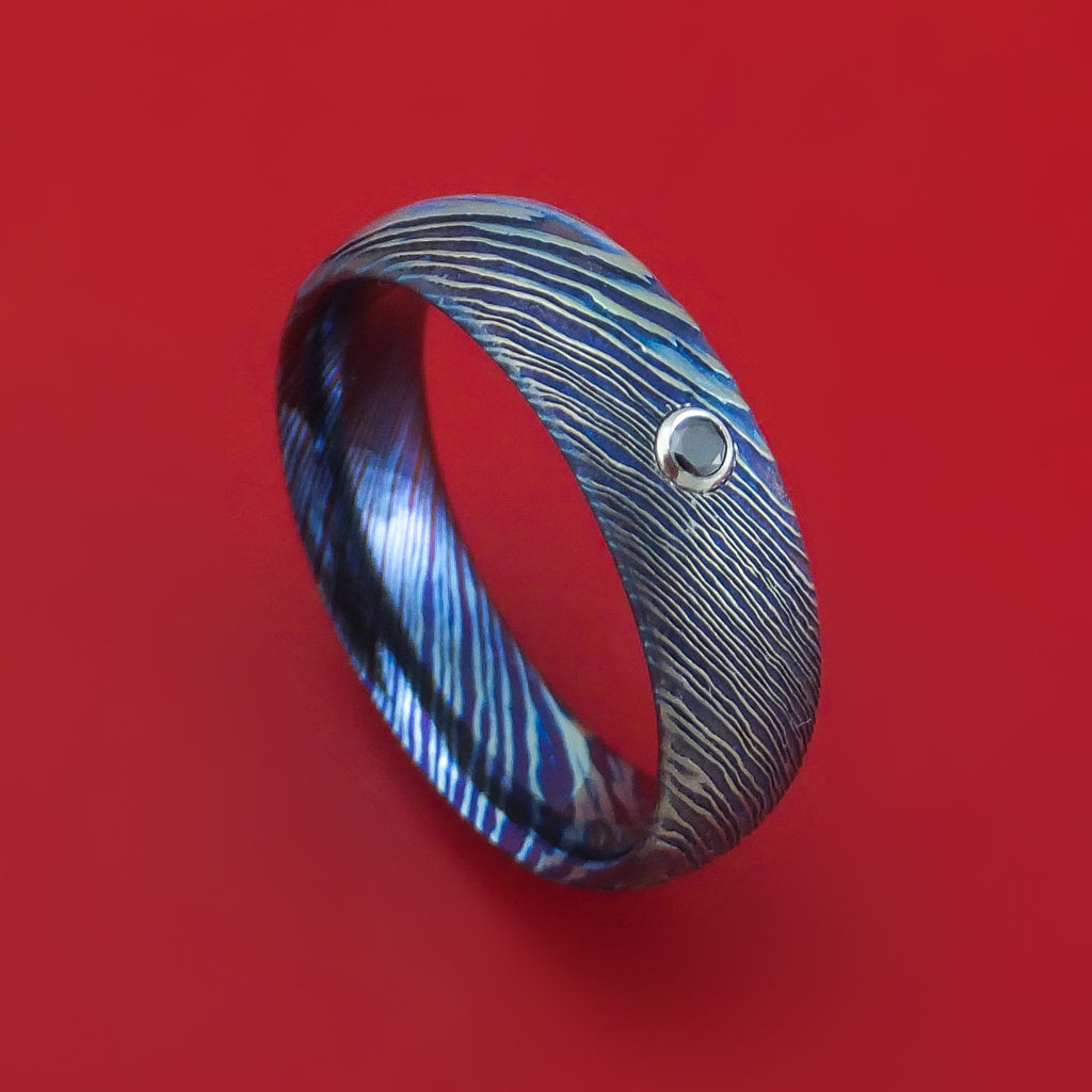 Kuro-Ti Twisted Titanium Etched and Heat-Treated Ring with Black Diamond Custom Made Band