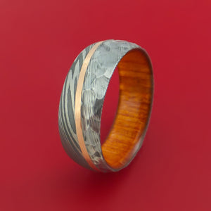 Damascus Steel Ring with 14k Rose Gold Inlay and Interior Hardwood Sleeve Custom Made Band