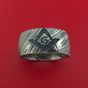 Kuro Damascus Steel Masonic Emblem Ring Custom Made Band