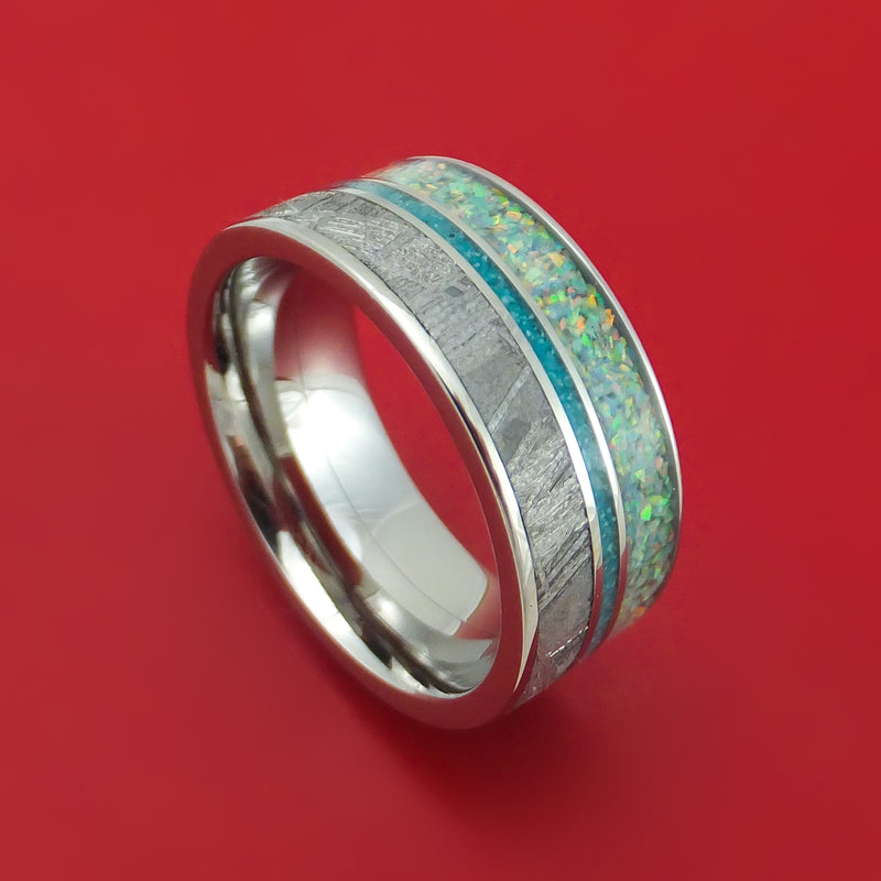 Titanium Opal And Gibeon Meteorite Ring With Turquoise Inlay Custom Made Band