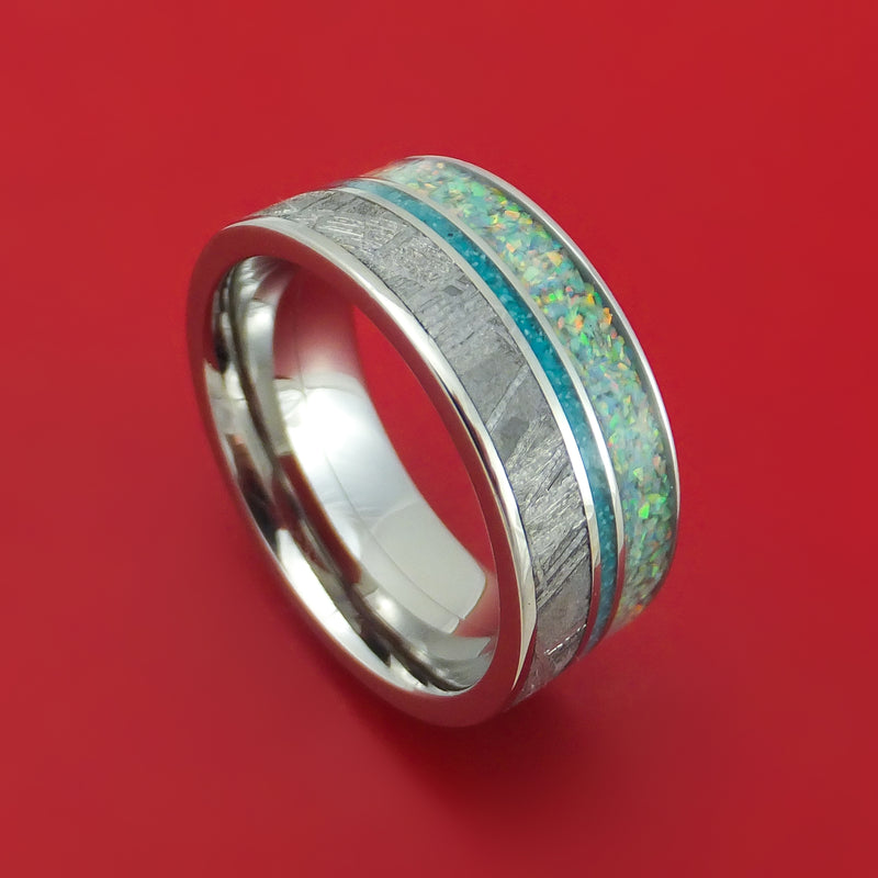 Titanium Opal And Gibeon Meteorite Ring With Turquoise Inlay