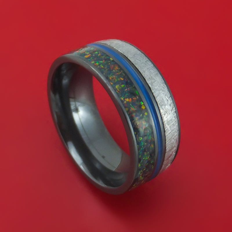 Black Zirconium Gibeon Meteorite and Opal Ring with Cerakote Custom Made Band