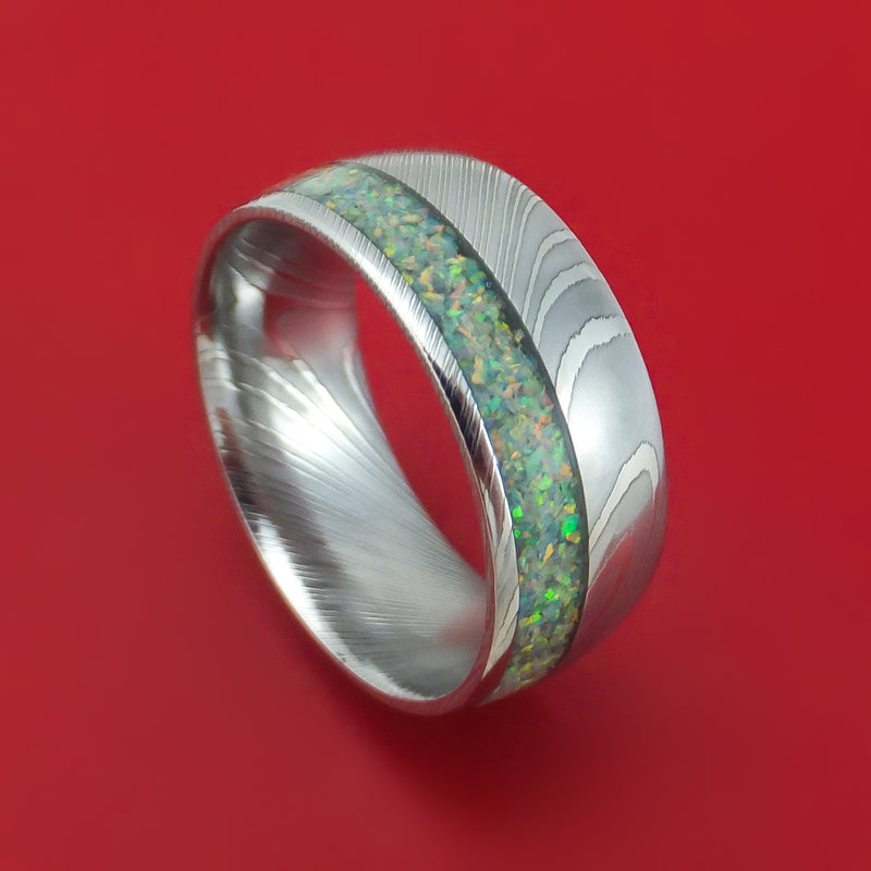 Damascus Steel Opal Ring Custom Made Band