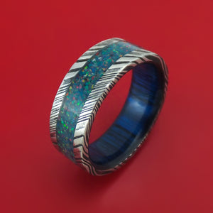 Kuro Damascus Steel Opal Ring with Wood Sleeve Custom Made