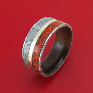 Damascus Steel Hardwood and Meteorite Ring with Opal and Gold Custom Made Band