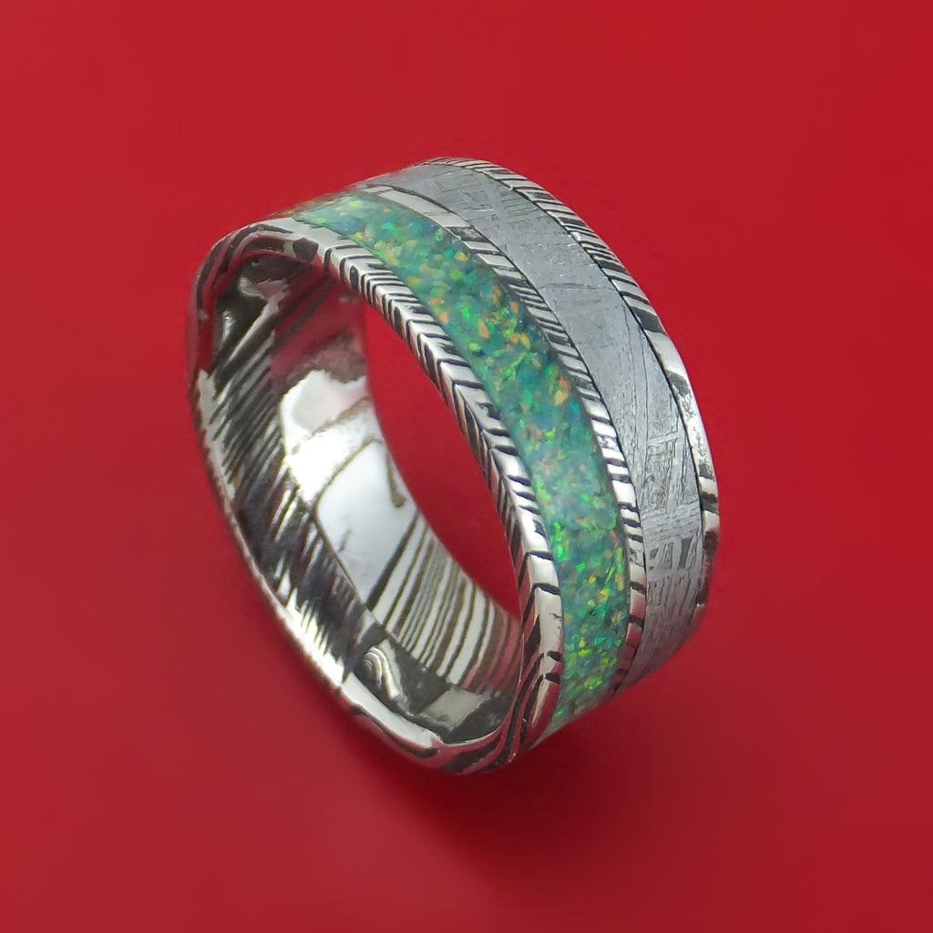 Kuro Damascus Steel and Meteorite Ring with Opal Custom Made Band