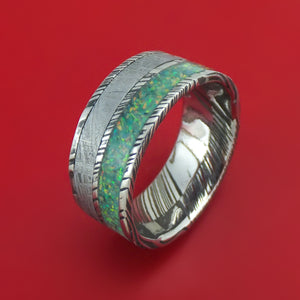 Kuro Damascus Steel and Meteorite Ring with Opal Custom Made Band