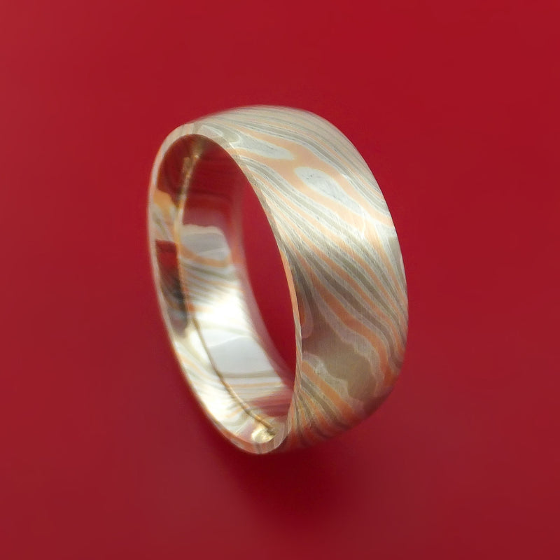 White Gold, Silver and Rose Gold Mokume Ring Custom Made Band