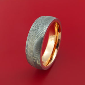 Damascus Steel Ring with Gibeon Meteorite Inlay and Interior 14k Rose Gold Sleeve Custom Made Band