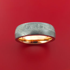 Damascus Steel Ring with Gibeon Meteorite Inlay and Interior 14k Rose Gold Sleeve Custom Made Band