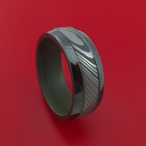 Black Zirconium Ring with Damascus Steel Inlay and Interior Cerakote Sleeve Custom Made Band