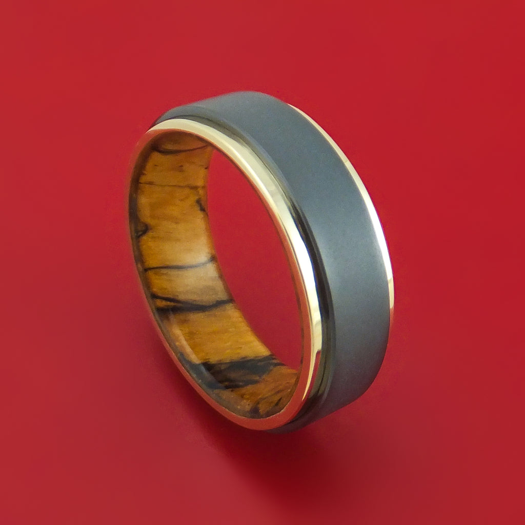 Black Zirconium Ring with 14K Gold Edges and Wood Sleeve Custom Made