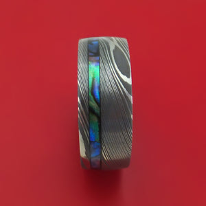 Damascus Steel Ring with Abalone and Wood Sleeve Custom Made