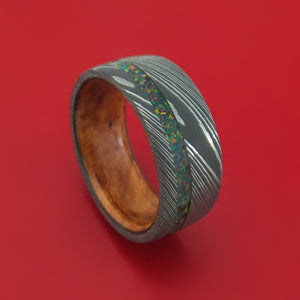 Damascus Steel Ring with Opal Inlay and Wood Sleeve Custom Band