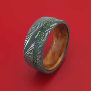 Damascus Steel Ring with Opal Inlay and Wood Sleeve Custom Band