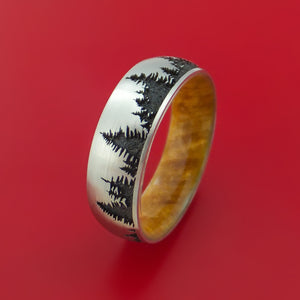 Titanium Ring with Laser-Etched Pine Tree Design Inlay and Interior Hardwood Sleeve Custom Made Band