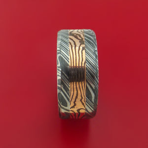 Wide Kuro Damascus Steel Ring with 14k Rose Gold Mokume Shakudo Inlay Custom Made Band