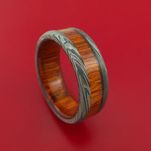 Damascus Steel Ring with Hardwood Inlay and Interior Hardwood Sleeve Custom Made Band