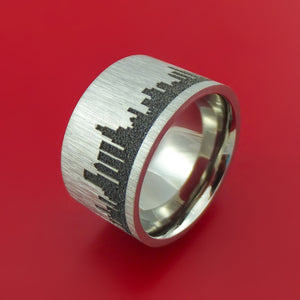 Wide Titanium Ring with Chicago Skyline Laser-Etched Pattern Inlay Custom Made Band