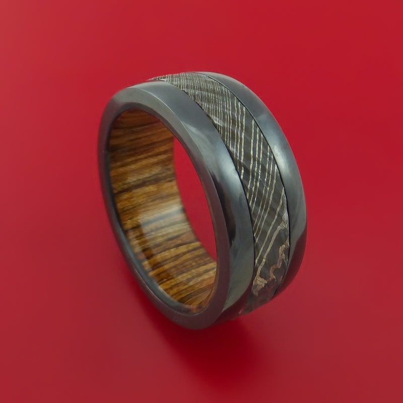 Black Zirconium Ring with Damascus Steel Inlay and Interior Hardwood Sleeve Custom Made Band