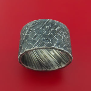 Extra Wide Hammered Kuro Damascus Steel Ring Custom Made Band