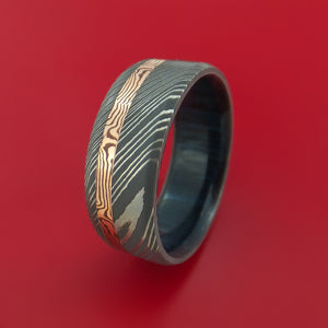 Damascus Steel Ring with 14k Rose Gold Mokume Shakudo Inlay and Interior Hardwood Sleeve Custom Made Band