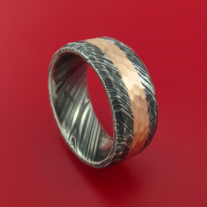Hammered Kuro Damascus Steel Ring with 14k Rose Gold Inlay Custom Made Band