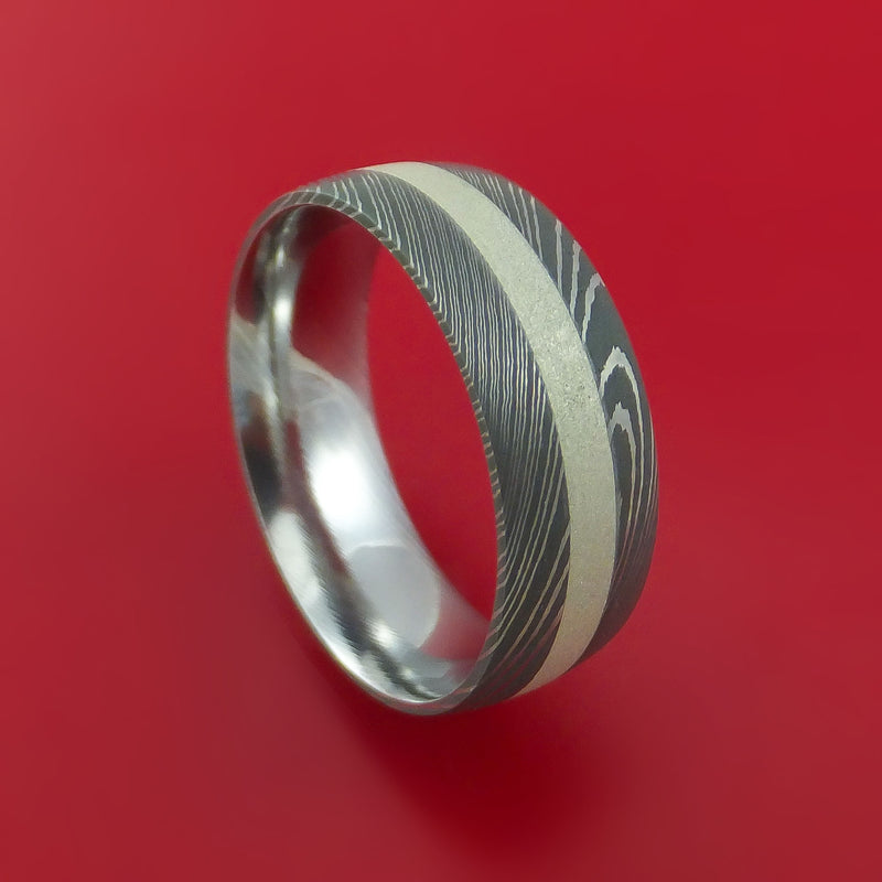 Damascus Steel Ring with Sterling Silver Inlay Custom Made Band