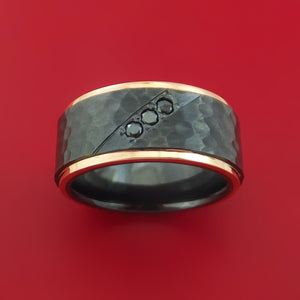 Hammered Black Zirconium Ring with Black Diamonds and 14k Rose Gold Edges Custom Made Band