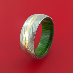 Damascus Steel Ring with Infinity Pattern 14k Yellow Gold Inlay and Interior Hardwood Sleeve Custom Made Band