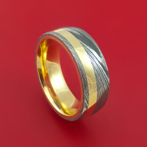 Damascus Steel 14K Yellow Gold Ring with Gold Sleeve Wedding Band Custom Made