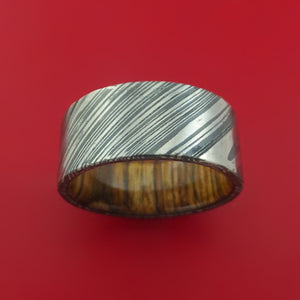 Wide Kuro Damascus Steel Ring with Interior Hardwood Sleeve Custom Made Band