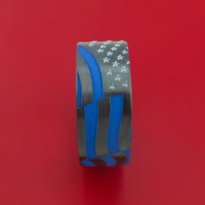 Black Zirconium Thin Blue Line Ring with United States Flag Stars and Stripes Laser-Etched Pattern and Cerakote Inlays Custom Made Band